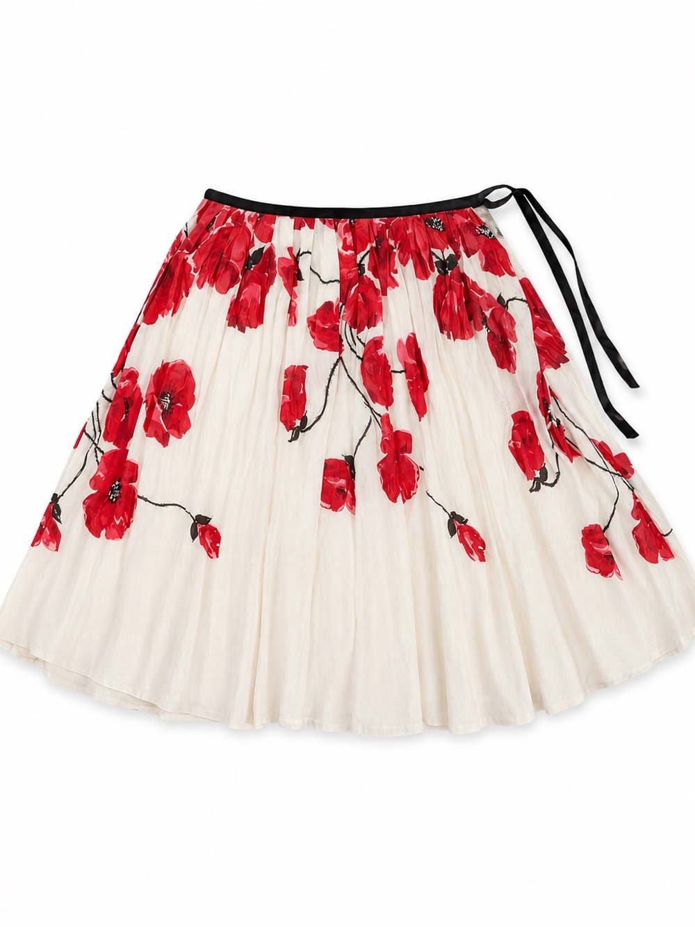 Anthropologie Mermaid Red Poppy Floral Cotton Silk A-Line Skirt White size 4
